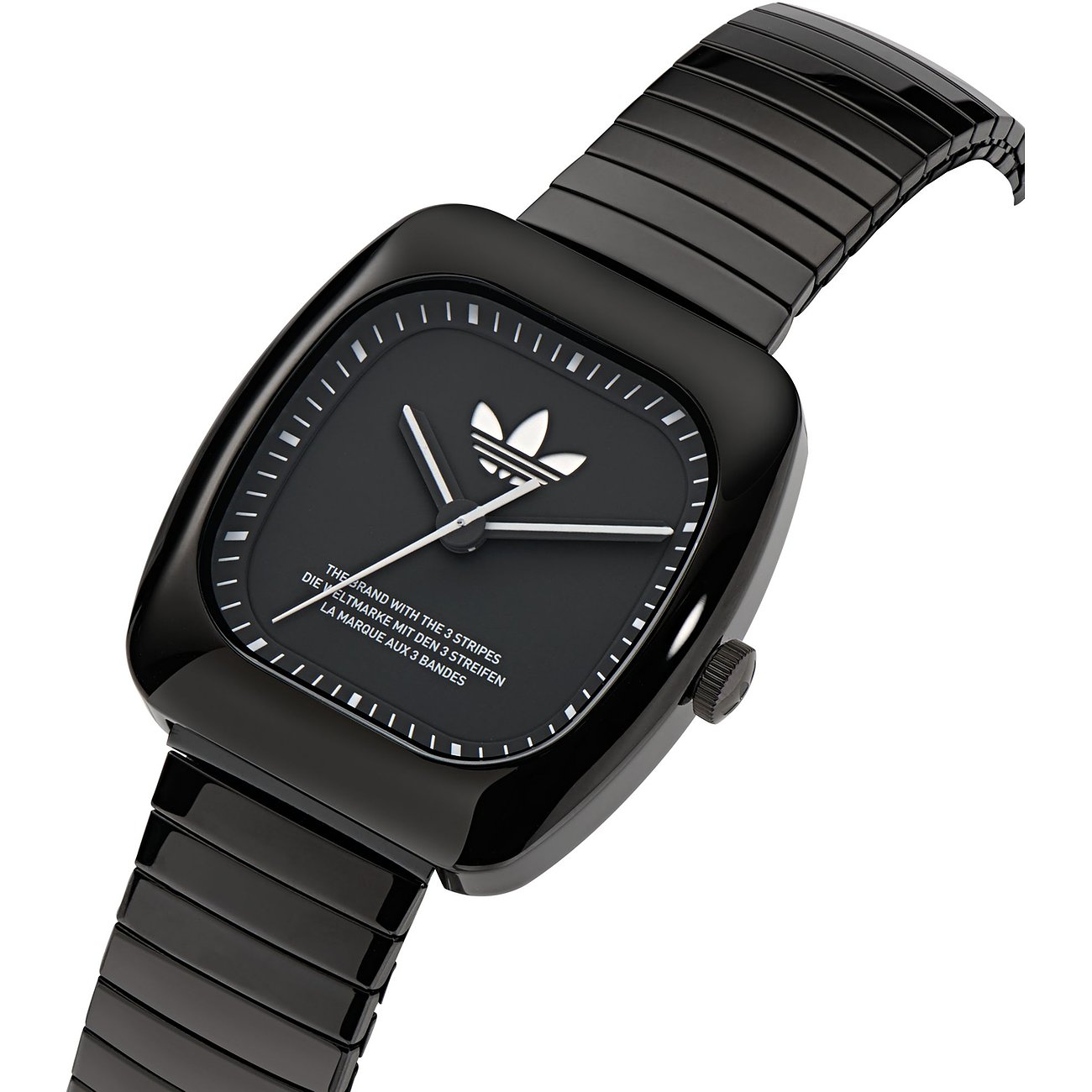 Adidas Unisexuhr mit Edelstahlgehäuse und schwarzem Zifferblatt.