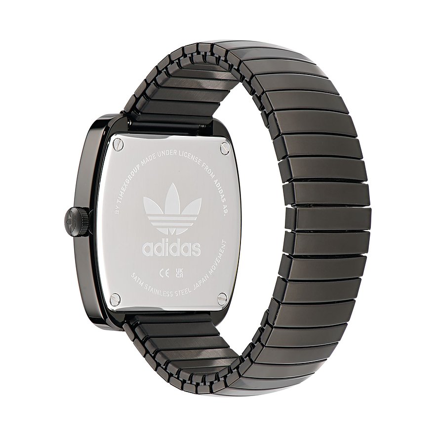 Adidas Unisexuhr mit Edelstahlgehäuse und schwarzem Armband.