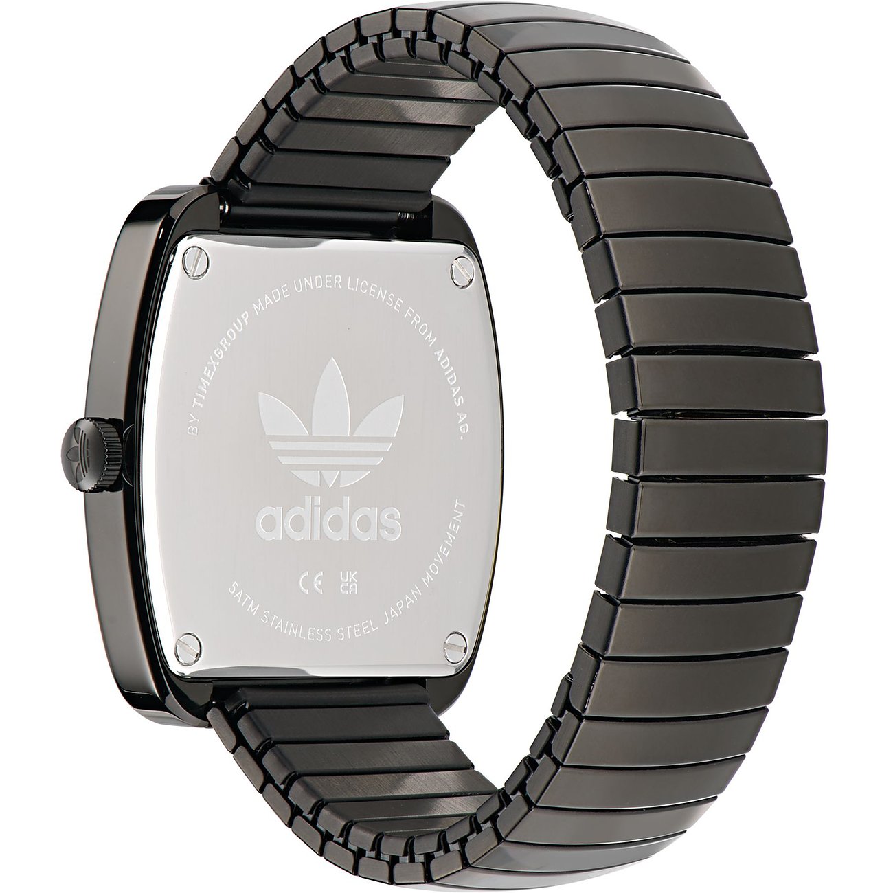 Adidas Unisexuhr mit Edelstahlgehäuse und schwarzem Armband.