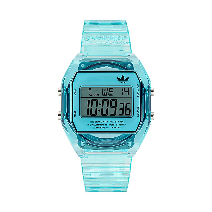 Adidas Unisex-klocka med hölje av harts, digital, i genomskinlig blå.