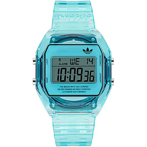 Adidas Unisexuhr mit Resin-Gehäuse, digital, in durchsichtigem Blau.