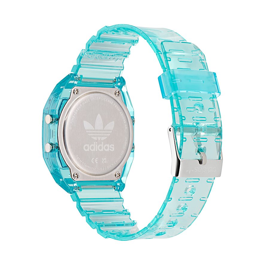 Adidas unisexklocka med hölje i harts och transparent blått armband.