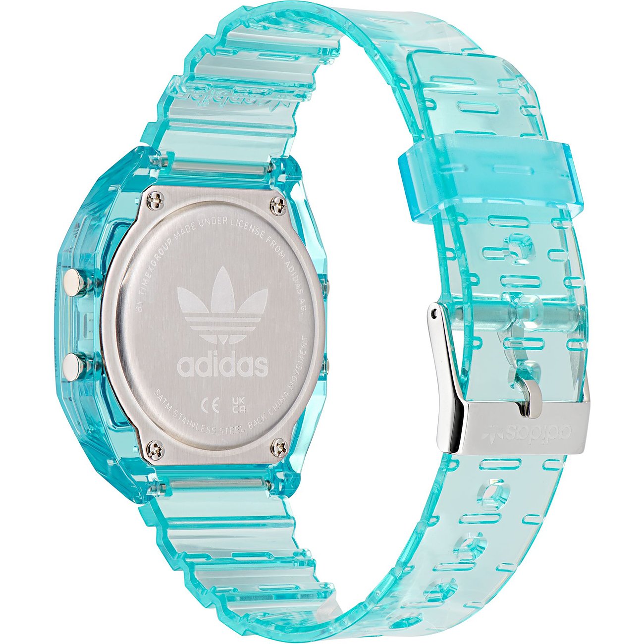 Adidas unisexklocka med hölje i harts och transparent blått armband.