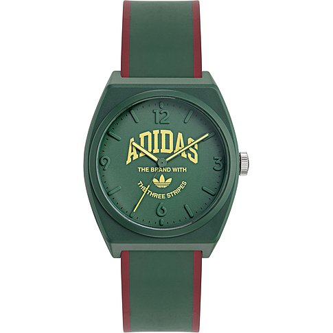 Adidas Unisexuhr mit Resin-Gehäuse, grün, analog, mit roten Streifen.