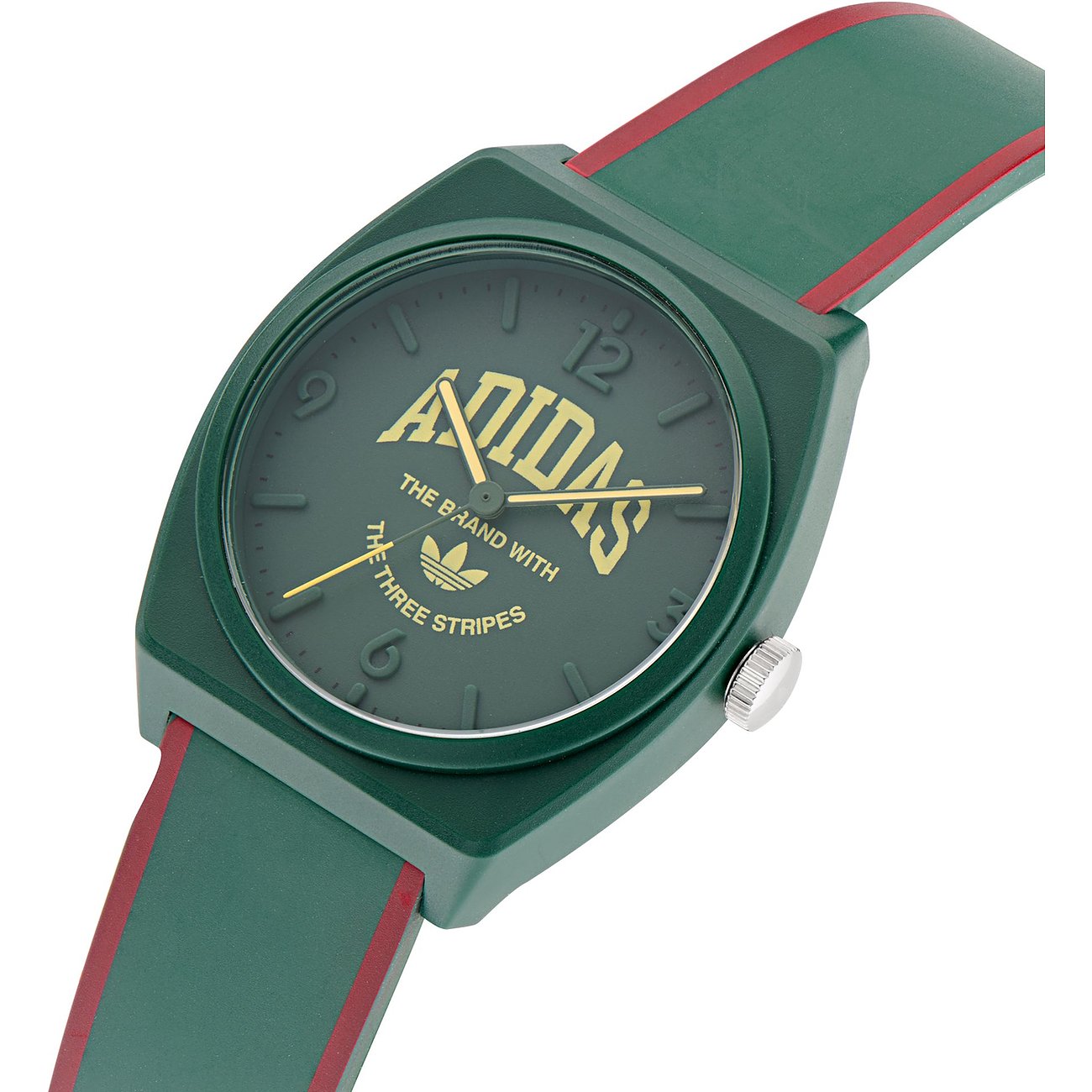 Adidas Unisexuhr mit Resin-Gehäuse, grün, analog, mit roten Streifen.