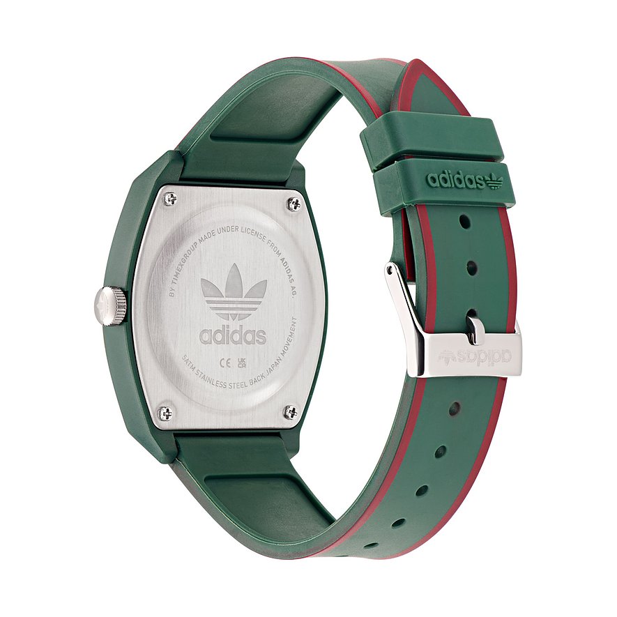 Adidas Unisexuhr mit Resin-Gehäuse, grün-rotes Armband, analoge Anzeige.