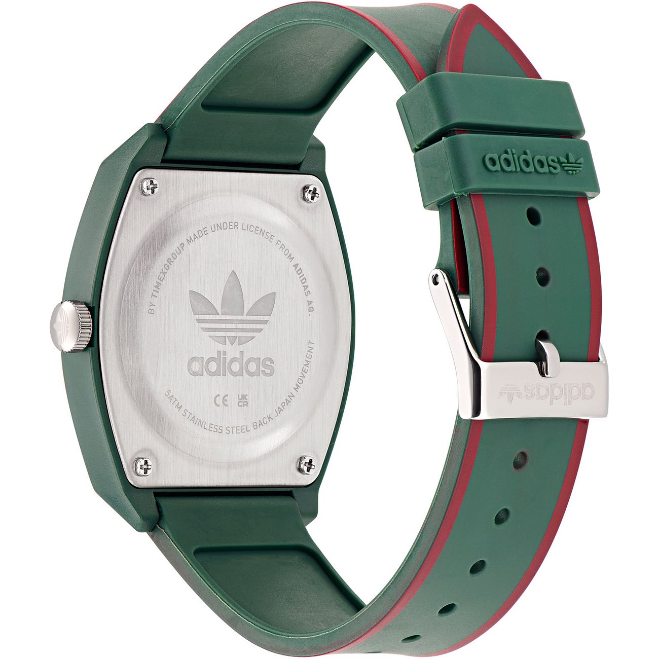 Adidas Unisexuhr mit Resin-Gehäuse, grün-rotes Armband, analoge Anzeige.