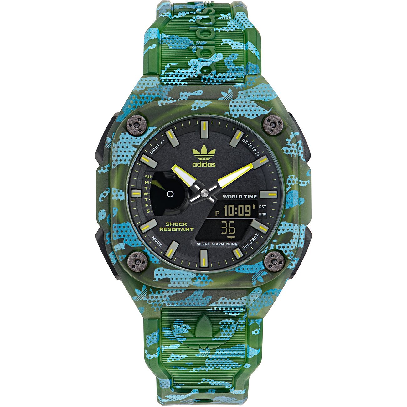 Adidas Herrenuhr mit Resin-Gehäuse, analog-digital, camouflage mit blauen Akzenten.