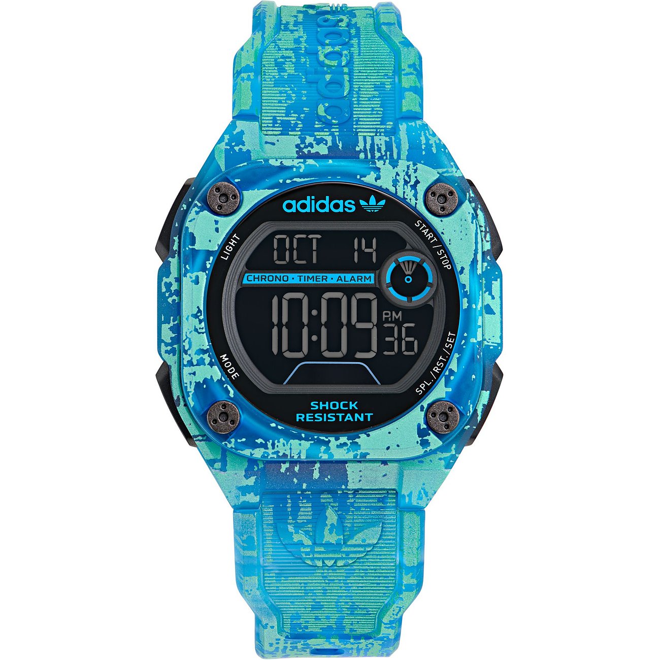 Adidas Herrenuhr mit Resin-Gehäuse, blau-grünem Camouflage-Muster, digitaler Anzeige.