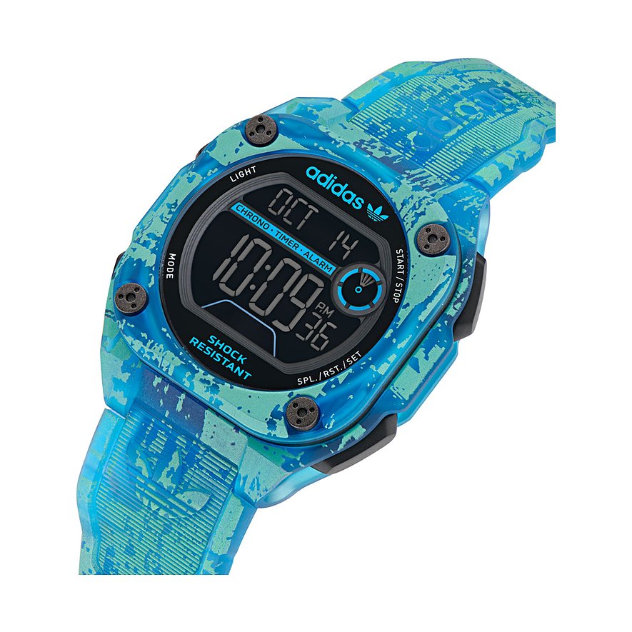 Adidas Herrenuhr mit Resin-Gehäuse, blau und grün im Camouflage-Look.