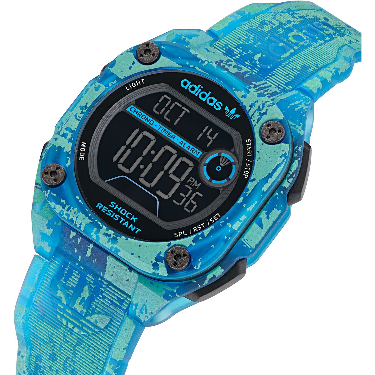 Adidas Herrenuhr mit Resin-Gehäuse, blau und grün im Camouflage-Look.