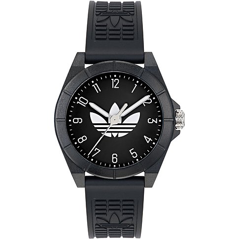 Montre unisexe Adidas avec boîtier en résine, analogique et cadran noir avec logo.