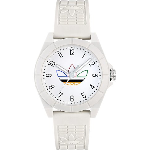 Montre unisexe Adidas avec boîtier en résine, affichage analogique et logo Adidas.