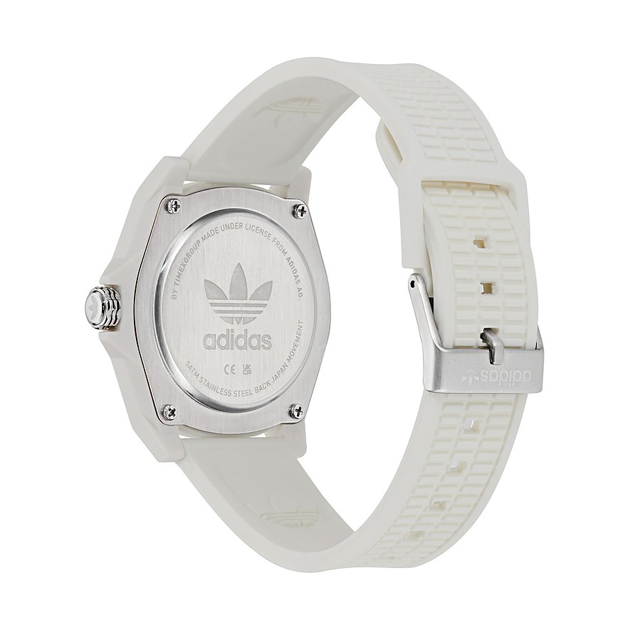 Adidas Unisexuhr mit Resin-Gehäuse und weißem Armband.