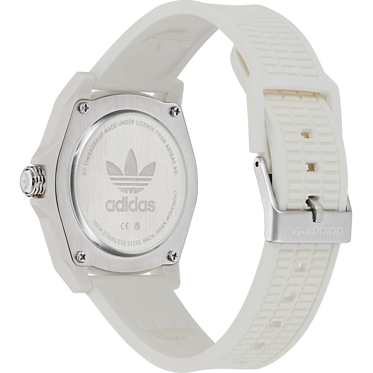 Adidas Unisexuhr mit Resin-Gehäuse und weißem Armband.