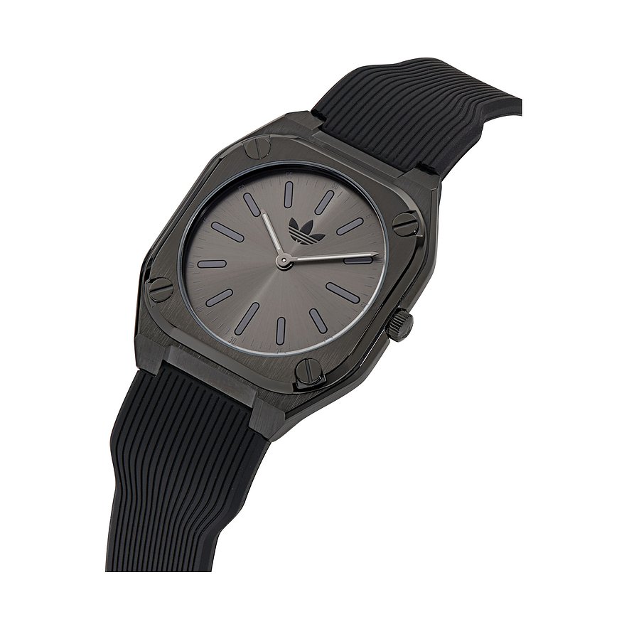 Adidas Unisex ur med urkasse i rustfrit stål, analog, sort urskive og sort rem.