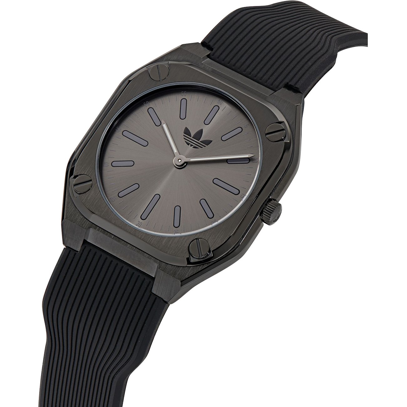 Adidas Unisex ur med urkasse i rustfrit stål, analog, sort urskive og sort rem.