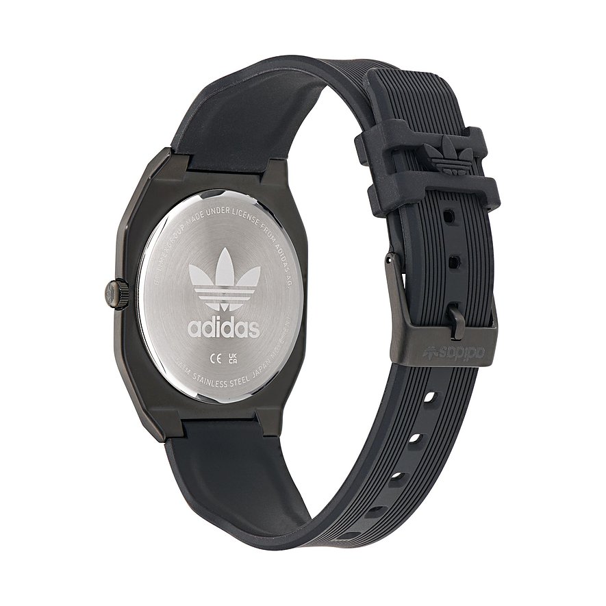 Adidas unisexur med urkasse i rustfrit stål og sort rem.