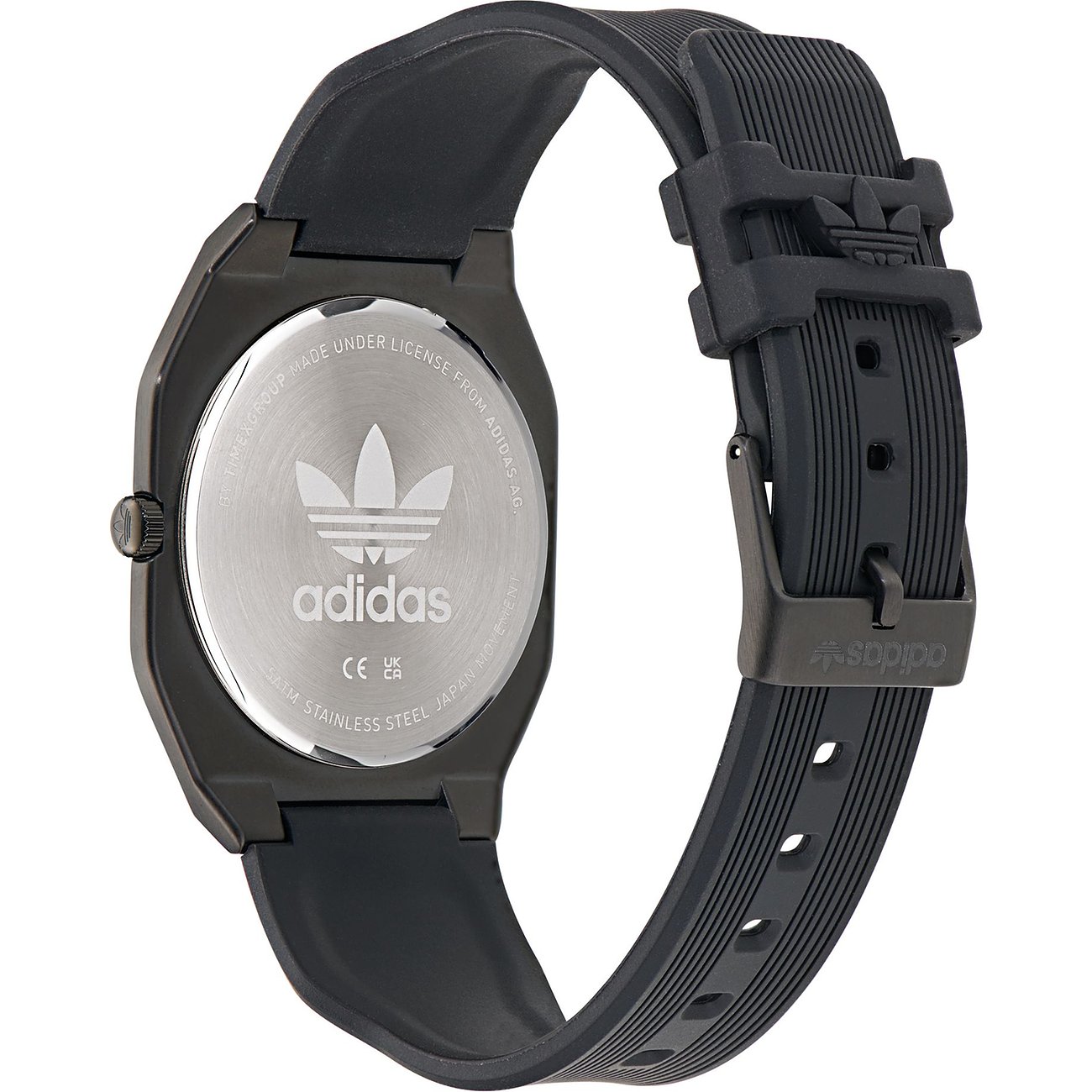 Adidas unisexur med urkasse i rustfrit stål og sort rem.
