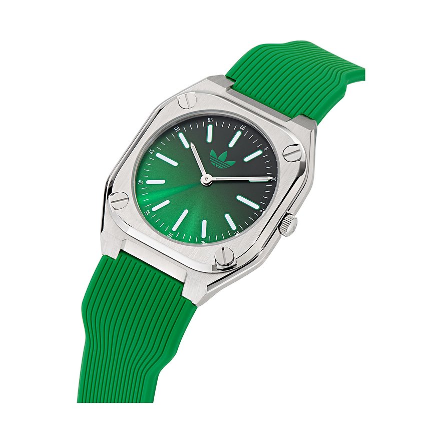 Adidas Unisexuhr mit Edelstahlgehäuse, grünem Zifferblatt und grünem Armband.