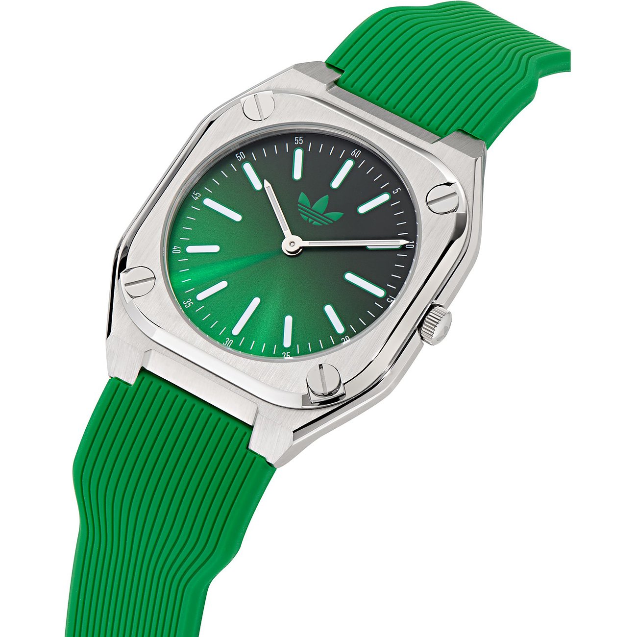 Adidas Unisexuhr mit Edelstahlgehäuse, grünem Zifferblatt und grünem Armband.