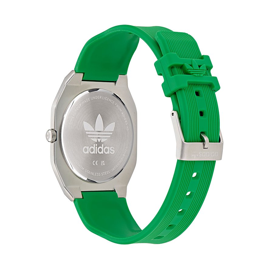 Adidas Unisexuhr mit Edelstahlgehäuse und grünem Armband.