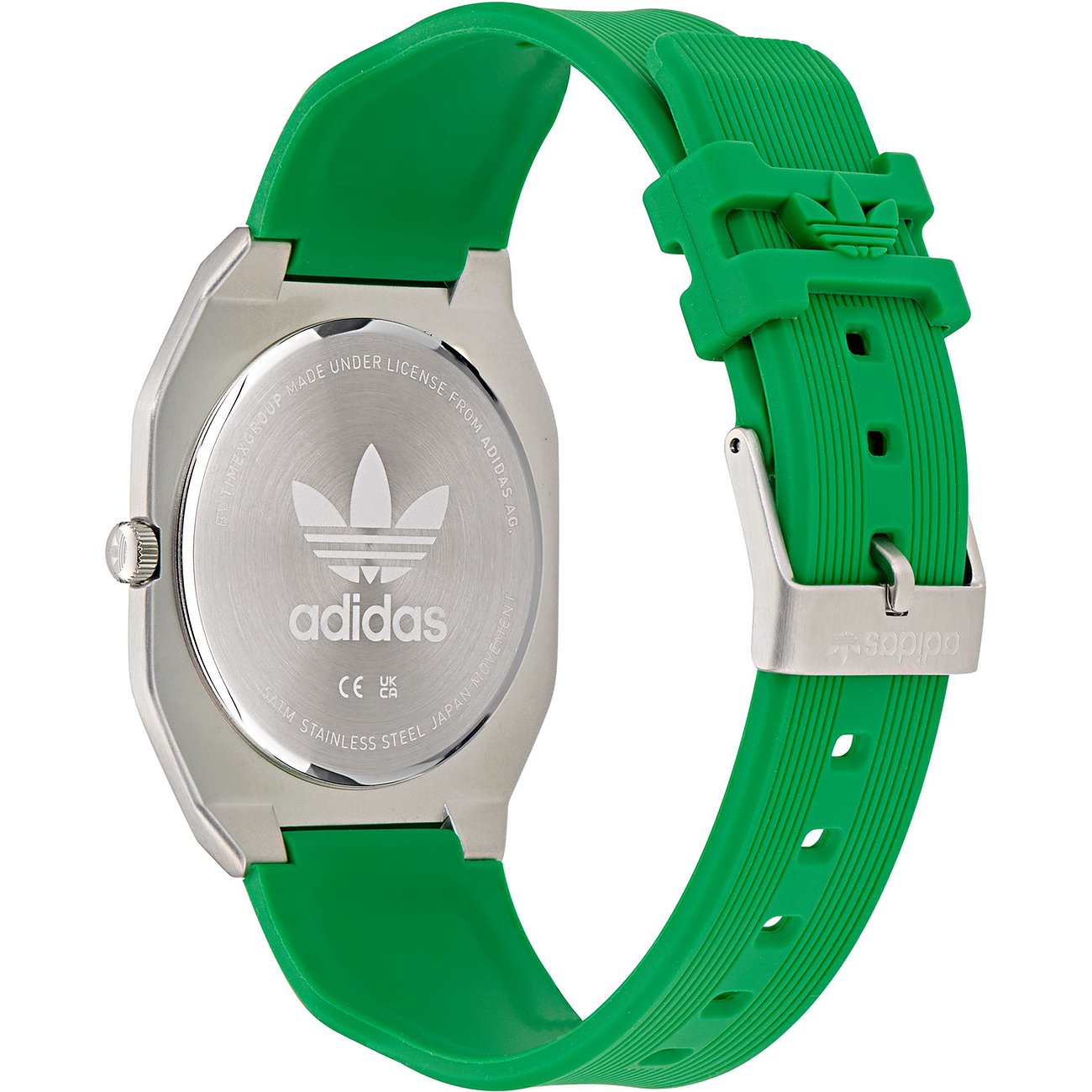 Adidas Unisexuhr mit Edelstahlgehäuse und grünem Armband.