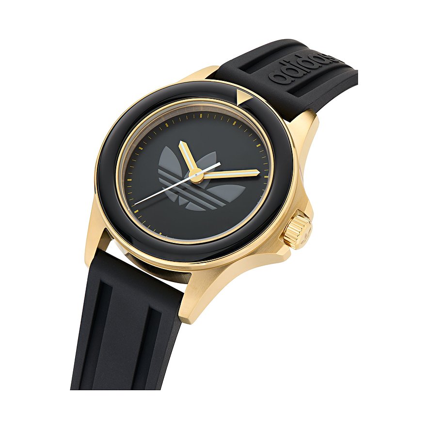 Adidas Unisexuhr mit Edelstahlgehäuse, analoge Anzeige und schwarzem Armband.