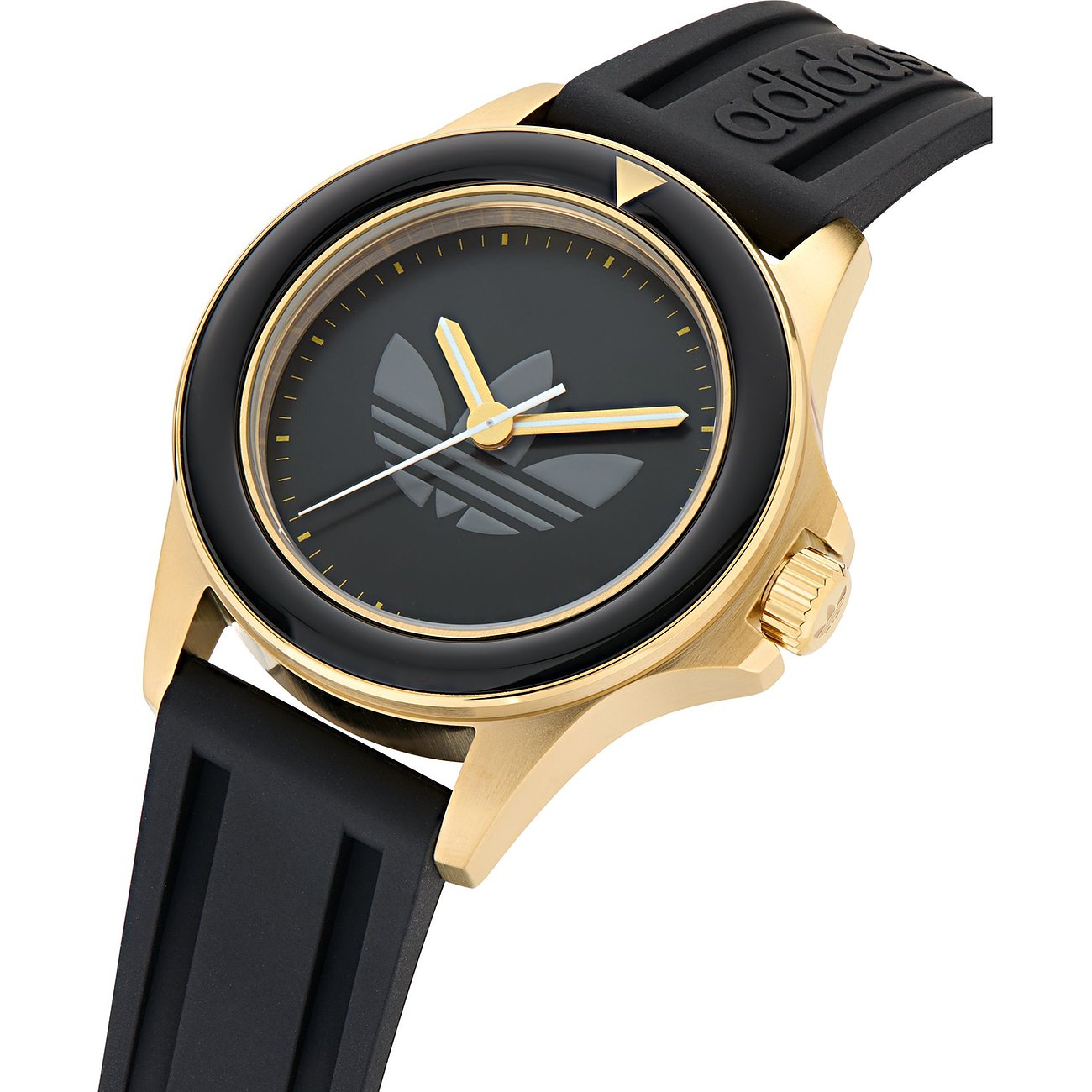 Adidas Unisexuhr mit Edelstahlgehäuse, analoge Anzeige und schwarzem Armband.