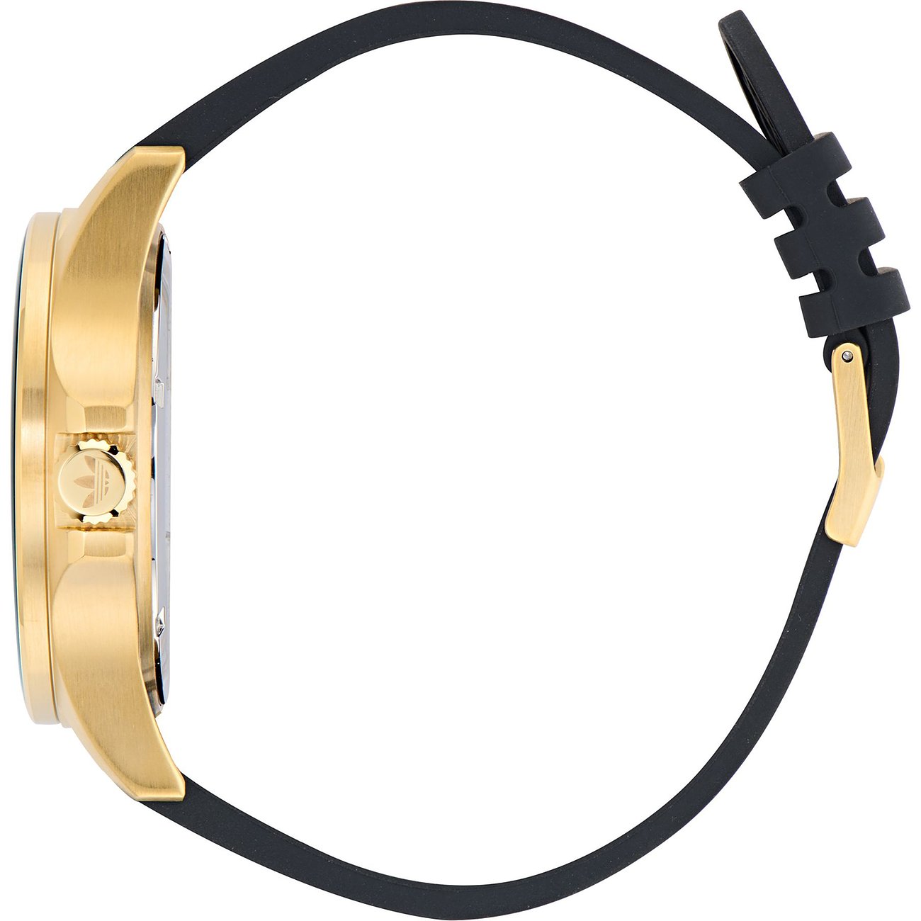 Adidas Unisexuhr mit Edelstahlgehäuse, goldfarben und schwarzem Armband.