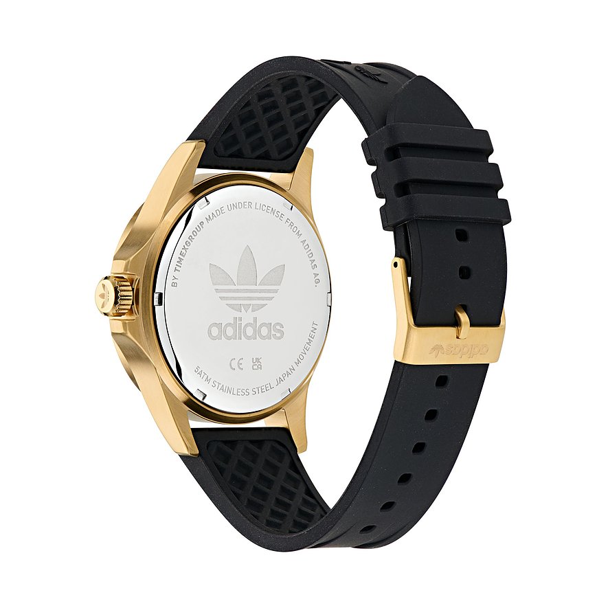 Adidas Unisexuhr mit Edelstahlgehäuse und schwarzem Armband.