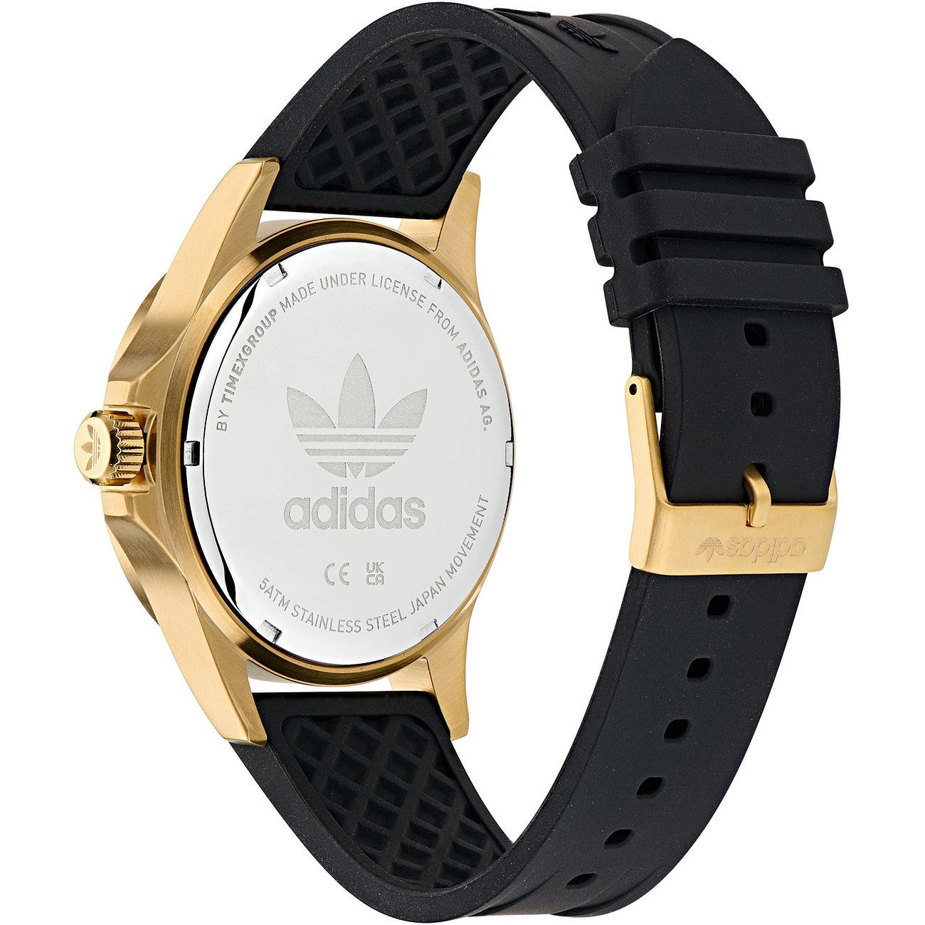 Adidas Unisexuhr mit Edelstahlgehäuse und schwarzem Armband.