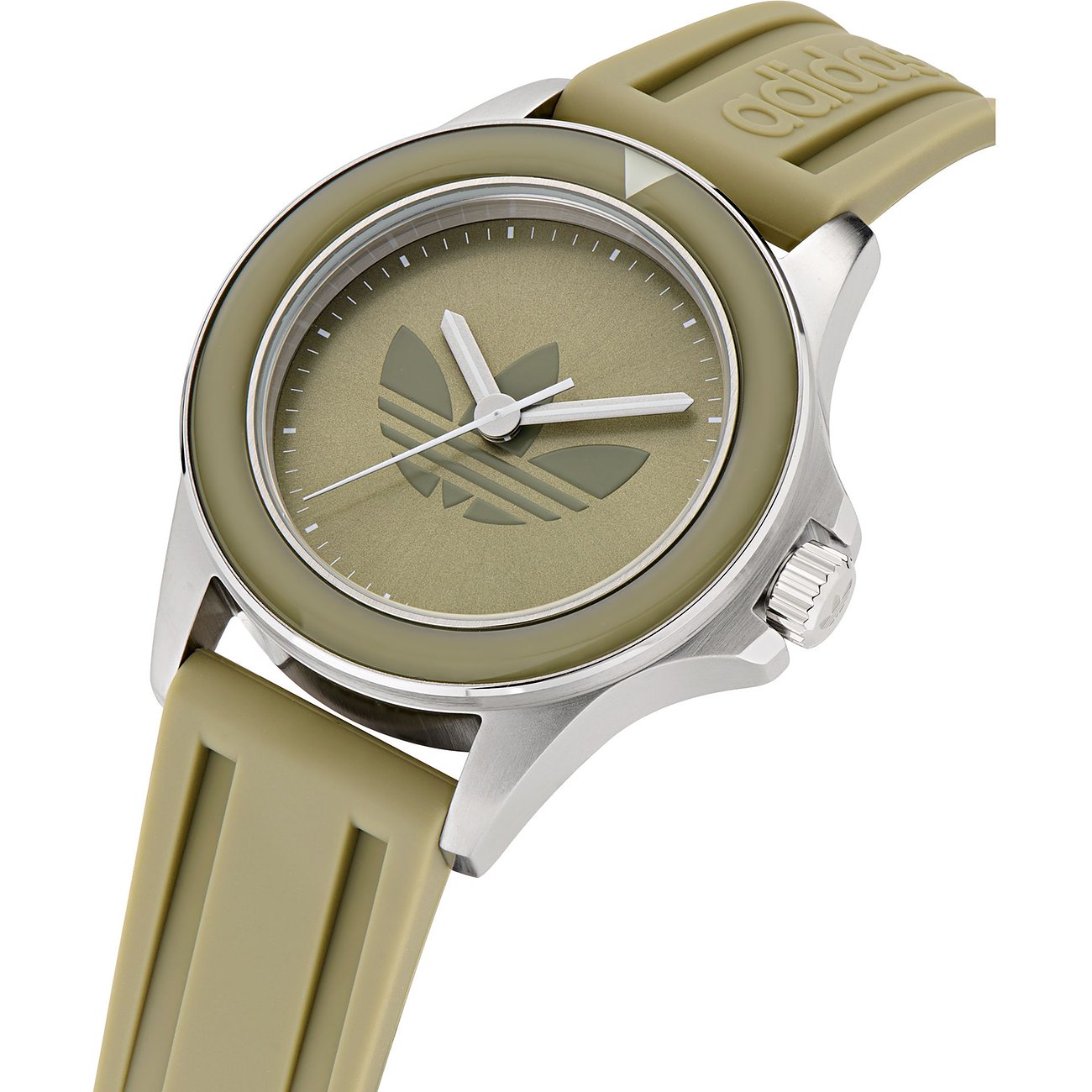 Adidas Unisexuhr mit Edelstahlgehäuse und grünem Zifferblatt.