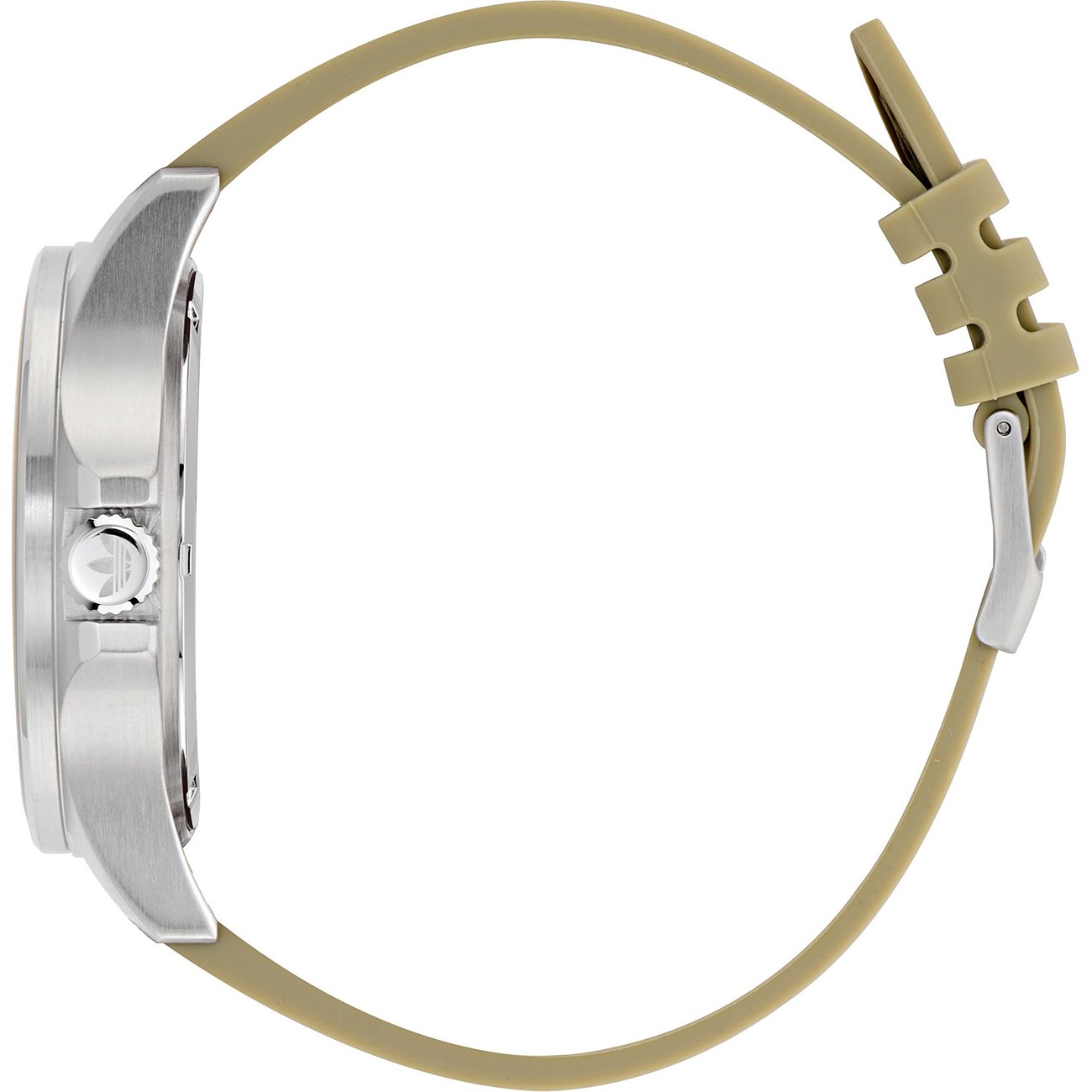 Adidas Unisexuhr mit Edelstahlgehäuse und beige Silikonarmband.