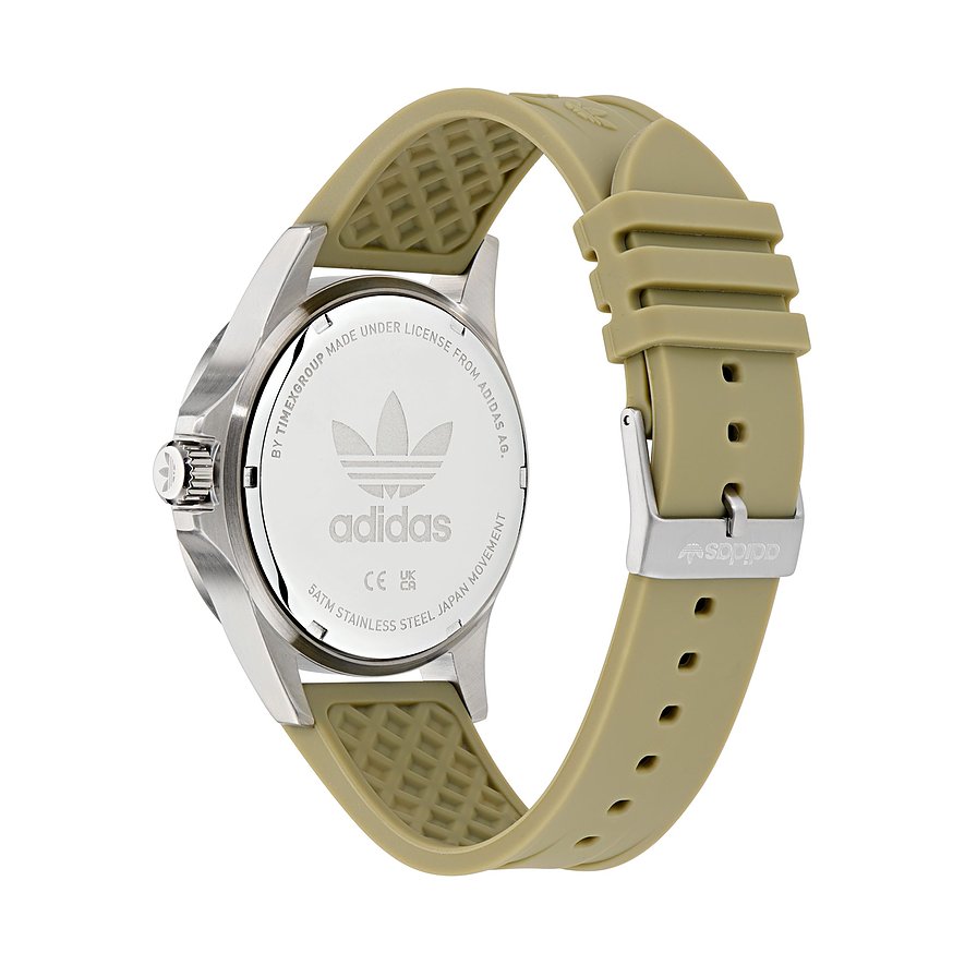 Adidas Unisexuhr mit Edelstahlgehäuse und beigem Armband.