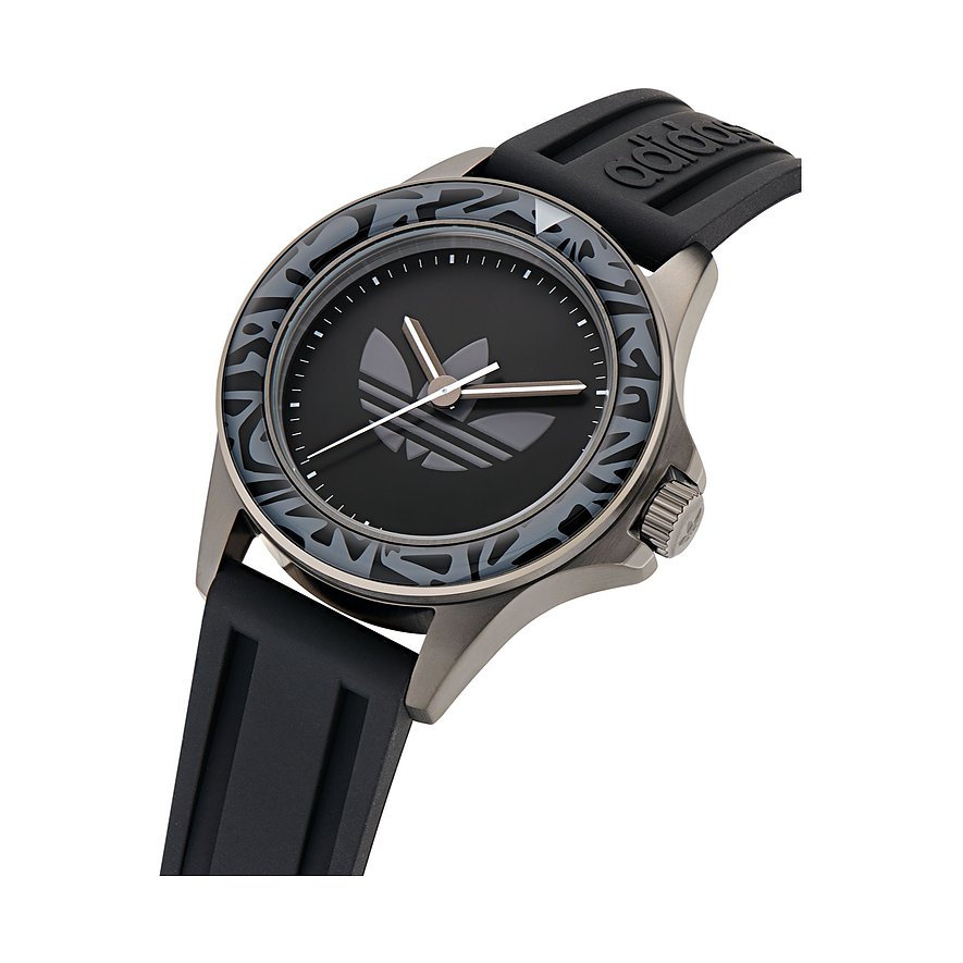 Adidas Unisexuhr mit Edelstahlgehäuse, schwarzem Zifferblatt und grauem Muster.