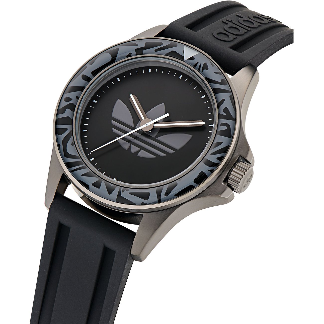 Adidas Unisexuhr mit Edelstahlgehäuse, schwarzem Zifferblatt und grauem Muster.