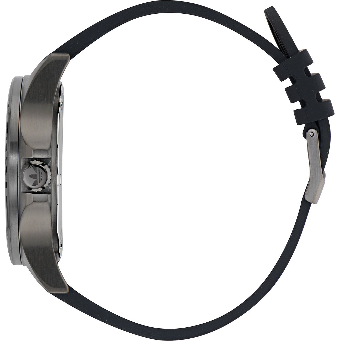 Adidas Unisexuhr mit Edelstahlgehäuse und schwarzem Armband.