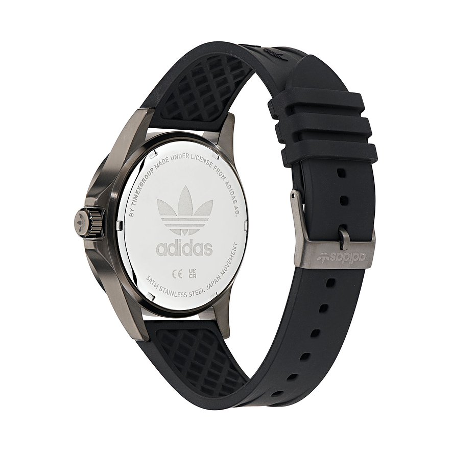 Adidas Unisexuhr mit Edelstahlgehäuse und schwarzem Armband.