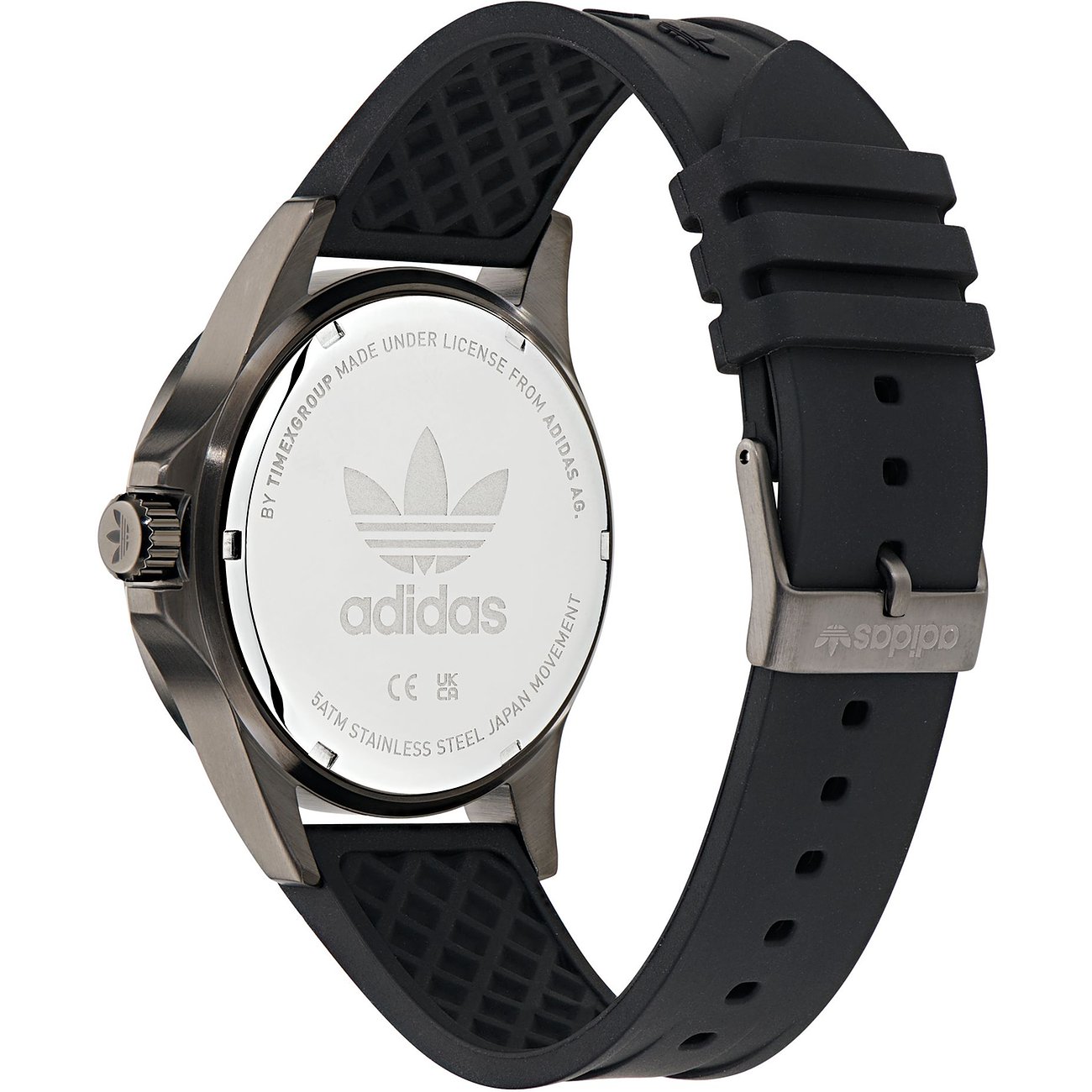 Adidas Unisexuhr mit Edelstahlgehäuse und schwarzem Armband.