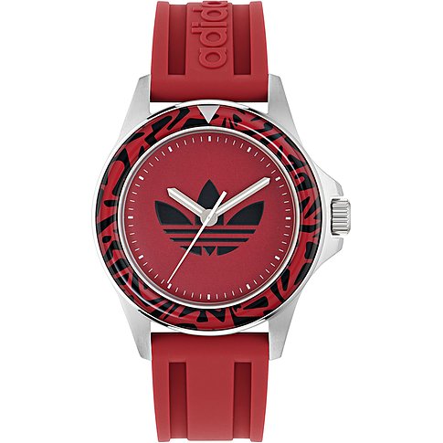 Montre unisexe Adidas avec boîtier en acier inoxydable, cadran rouge et affichage analogique.