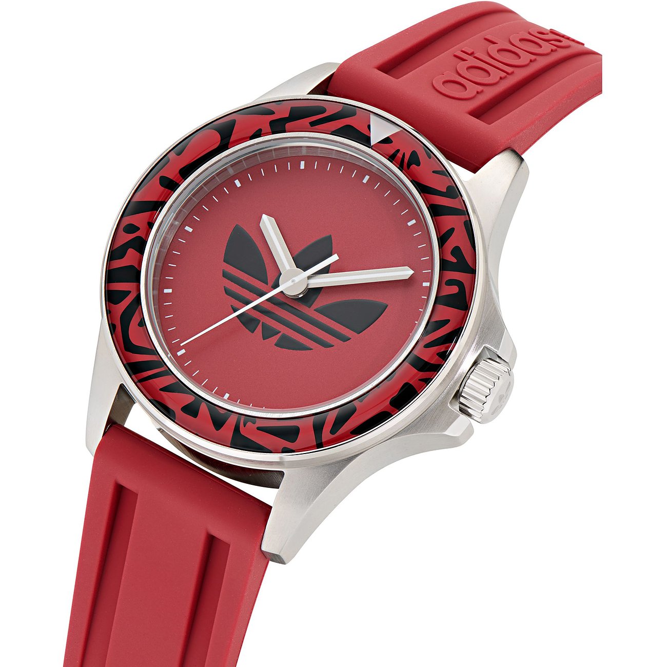 Adidas Unisexuhr mit Edelstahlgehäuse, rotem Zifferblatt und schwarzem Muster.