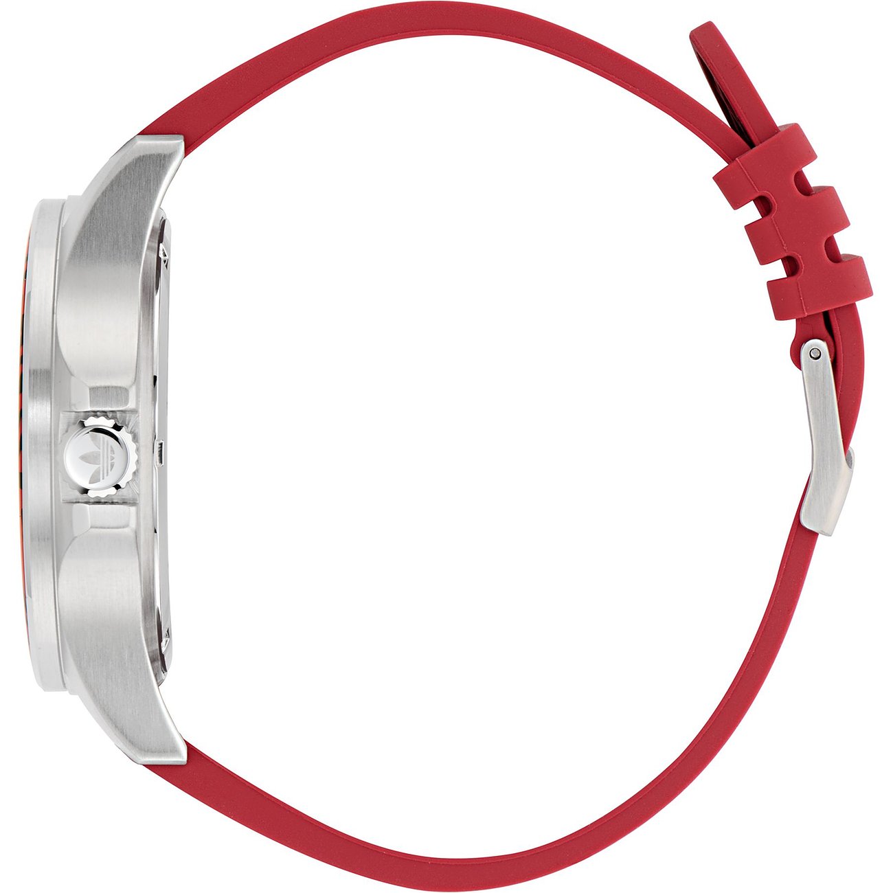 Adidas Unisexuhr mit Edelstahlgehäuse und rotem Armband.