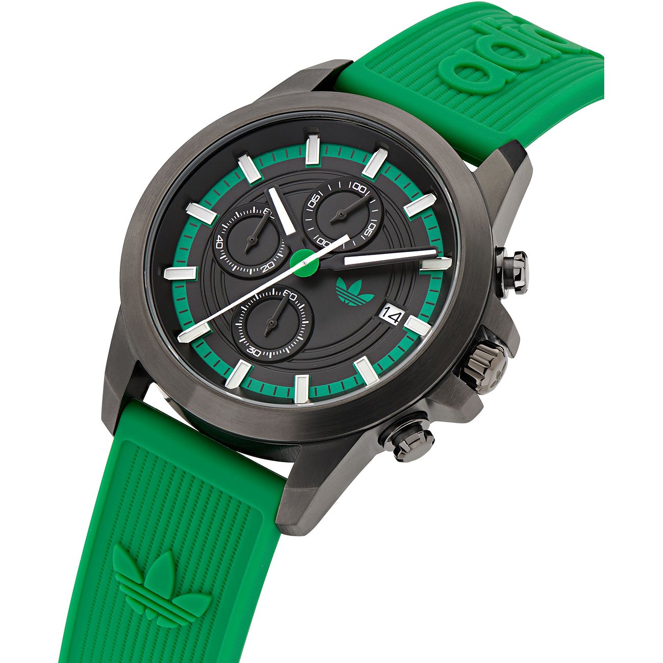 Adidas herreur med urkasse i rustfrit stål, sort urskive og grønne accenter.