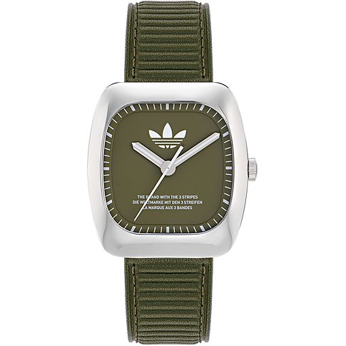 Adidas Unisexuhr mit Edelstahlgehäuse, olivgrünem Zifferblatt und Armband.