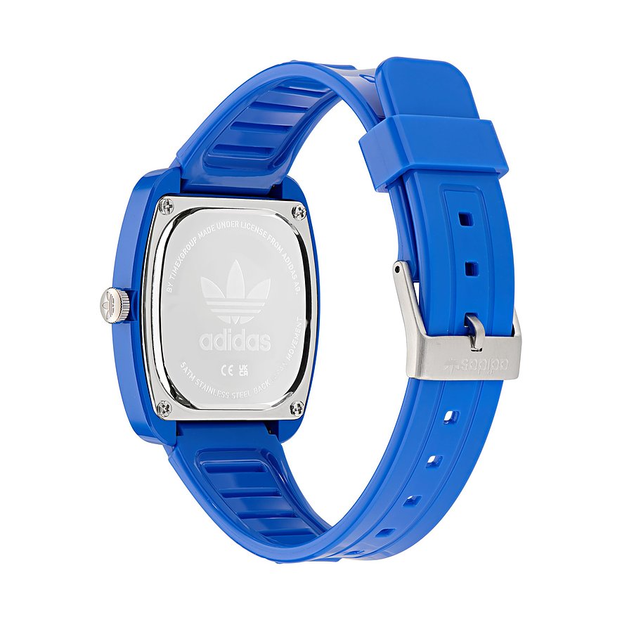 Adidas unisexklocka med keramiskt hölje, blått armband och silverfärgad spänne.