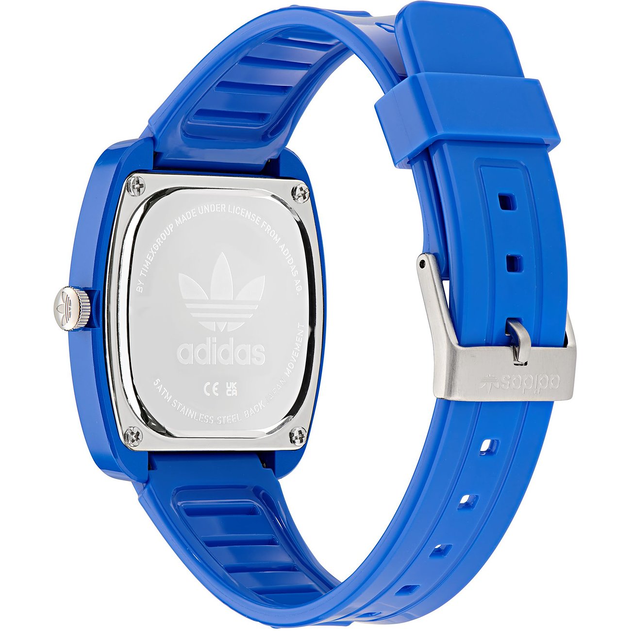 Adidas unisexklocka med keramiskt hölje, blått armband och silverfärgad spänne.