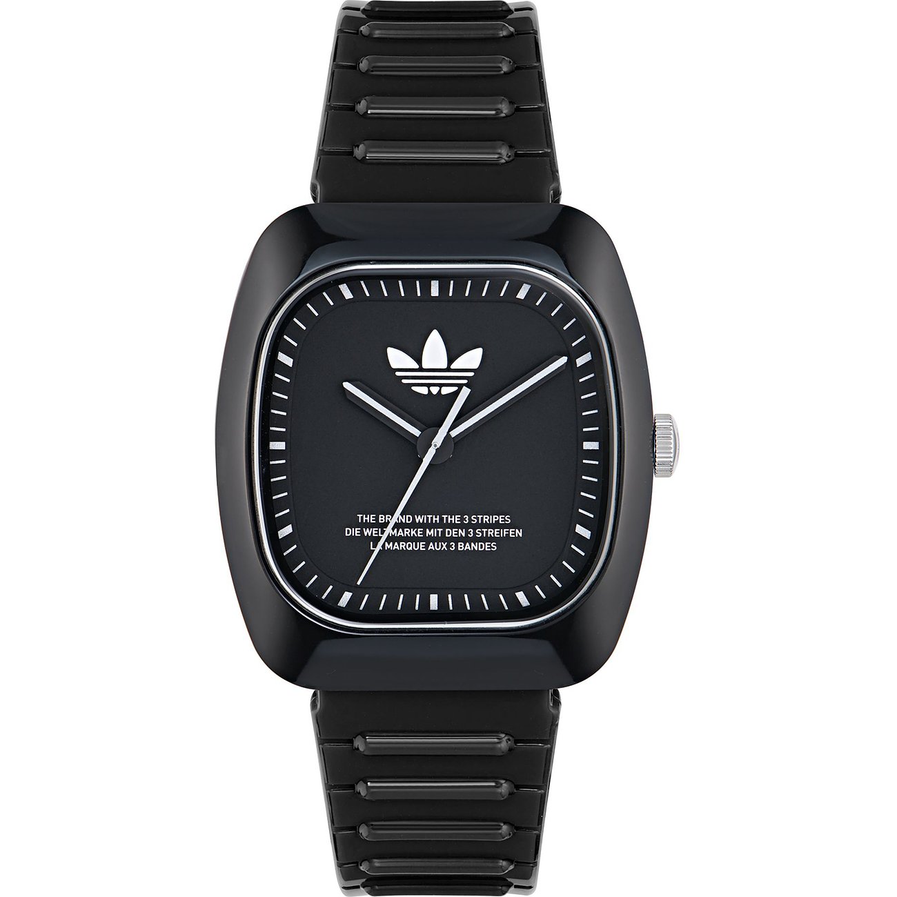 Montre unisexe Adidas avec boîtier en céramique, cadran noir et affichage analogique.