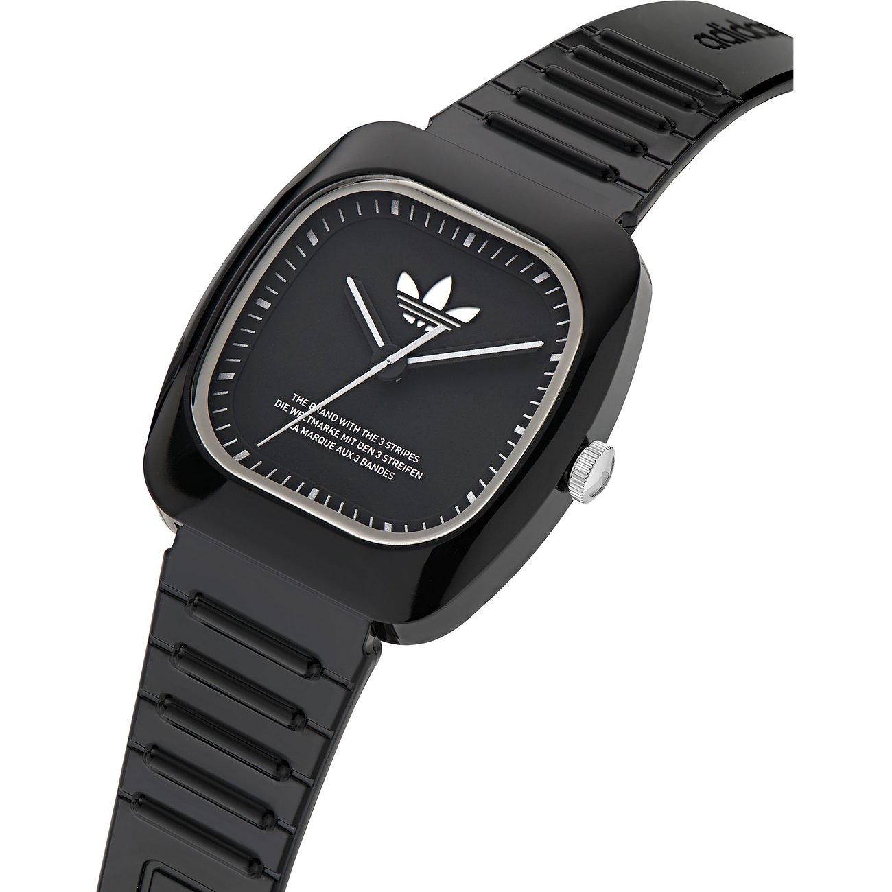 Montre unisexe Adidas avec boîtier en céramique, cadran noir et affichage analogique.
