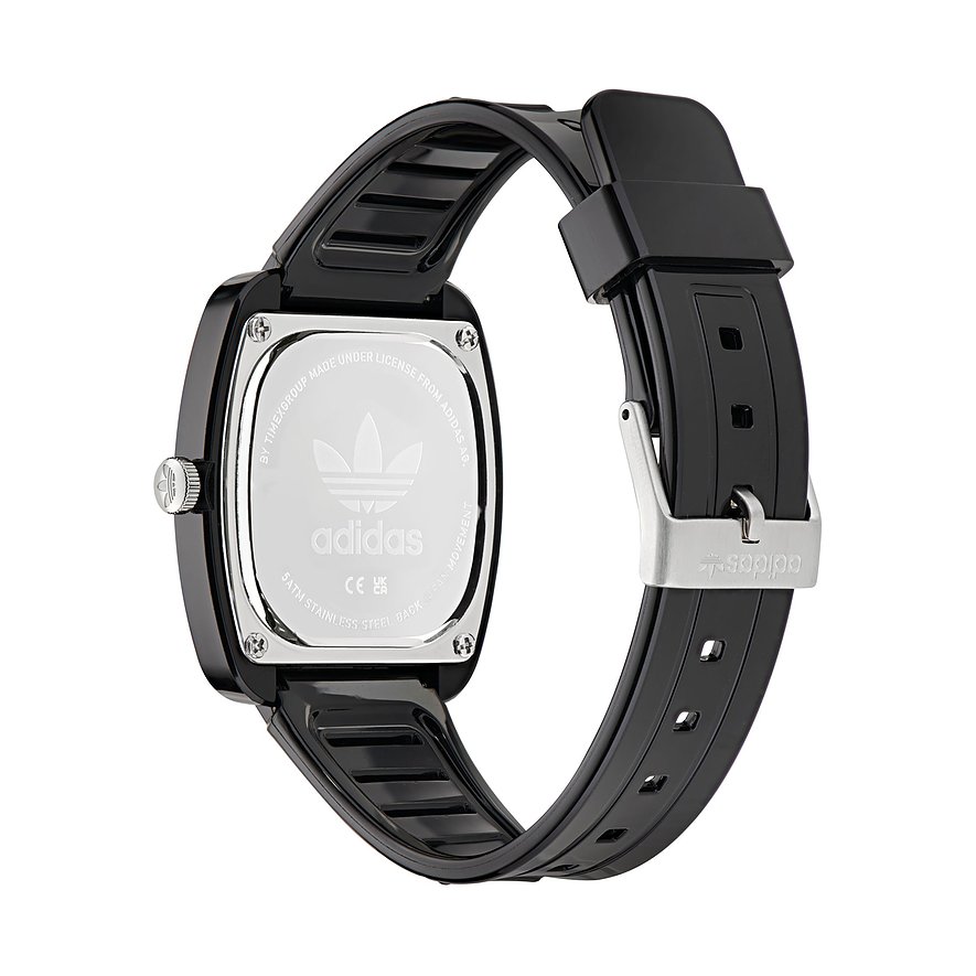 Montre unisexe Adidas avec boîtier en céramique, boîtier noir et bracelet noir.